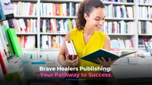 Woman reading a book in a library, representing Brave Healers Publishing's commitment to success.